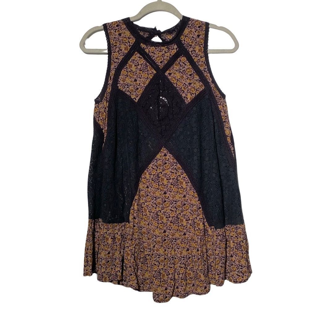 Umgee Boho Floral Lace Tunic Mini Dress Open Back Ruffle Hem Size S